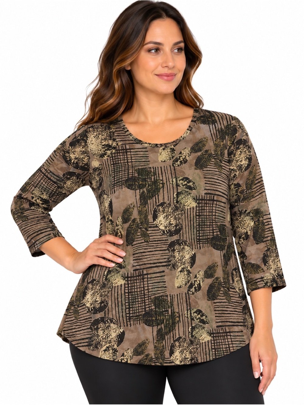 Blue Sky Women’s XL Brown Black Abstract Floral Print 3/4 Sleeve Tunic Top